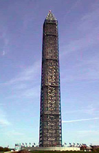 the washington monument is currently covered in faux scaffolding by architect michael graves